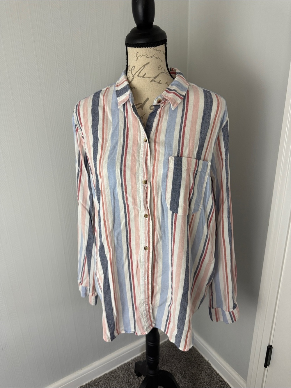 Anthropologie Maeve Striped Button-Up in Blue, Pink,White Large Cotton Linen Mix - Picture 4 of 8